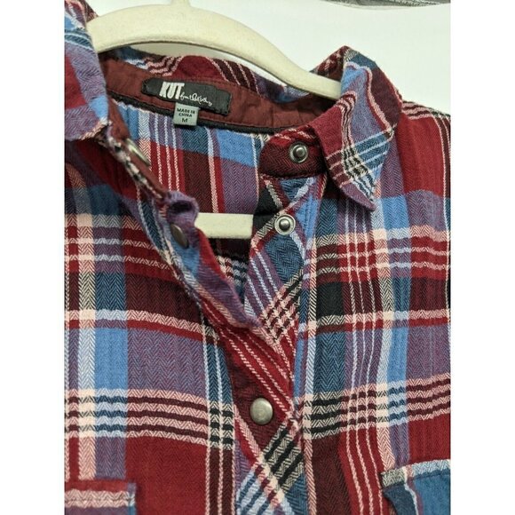 KUT from the Kloth Snap Button Up Shirt Women's Sz Medium Maroon Blue Plaid - Picture 9 of 10